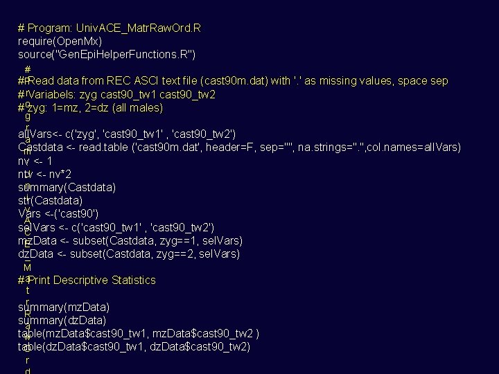 # Program: Univ. ACE_Matr. Raw. Ord. R require(Open. Mx) source("Gen. Epi. Helper. Functions. R")