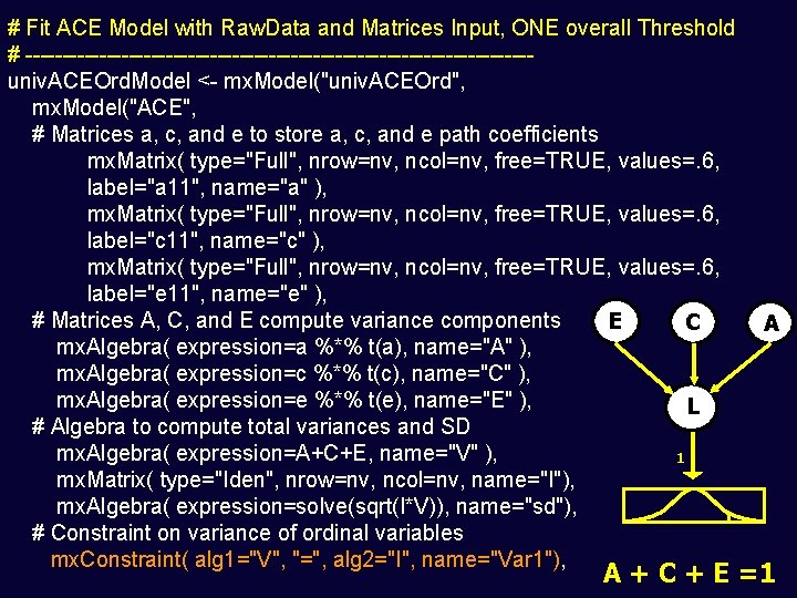 # Fit ACE Model with Raw. Data and Matrices Input, ONE overall Threshold #