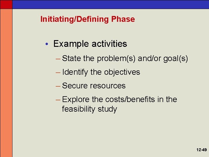 Initiating/Defining Phase • Example activities – State the problem(s) and/or goal(s) – Identify the