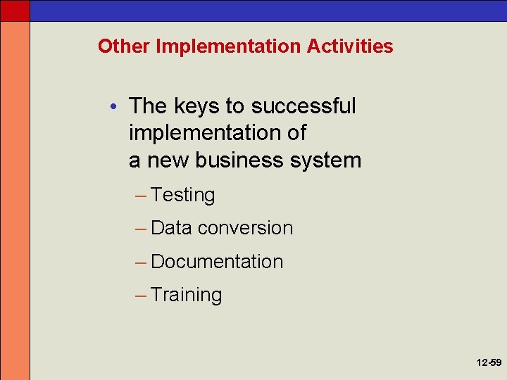 Other Implementation Activities • The keys to successful implementation of a new business system