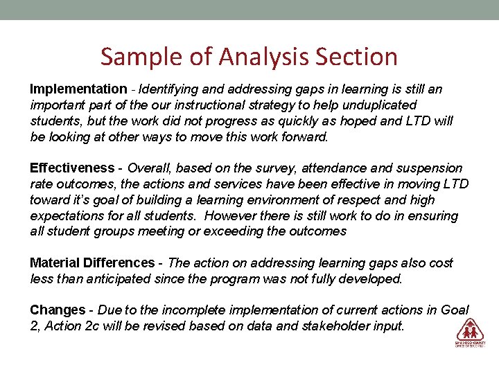 Sample of Analysis Section Implementation - Identifying and addressing gaps in learning is still