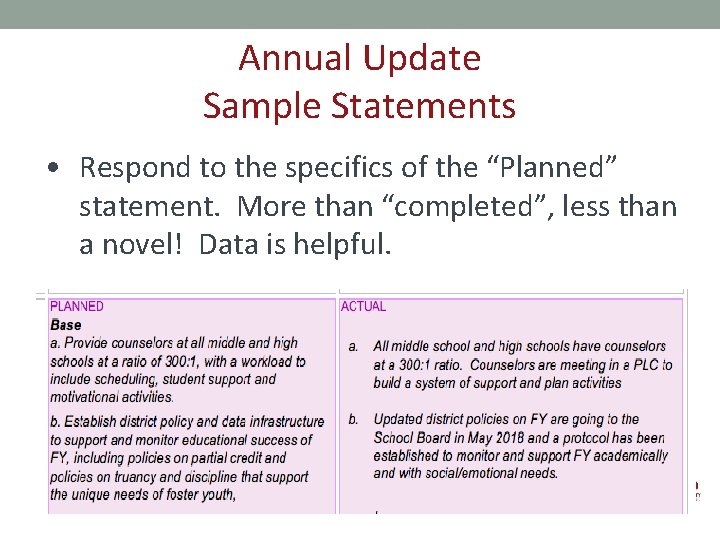 Annual Update Sample Statements • Respond to the specifics of the “Planned” statement. More