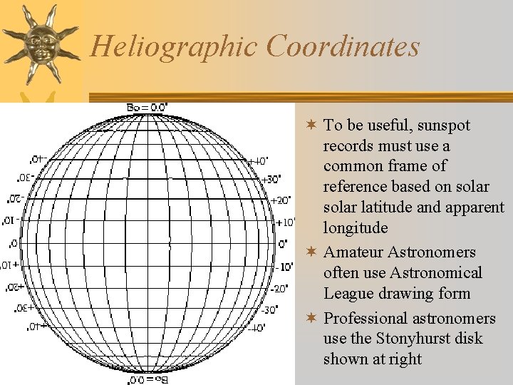 Heliographic Coordinates ¬ To be useful, sunspot records must use a common frame of