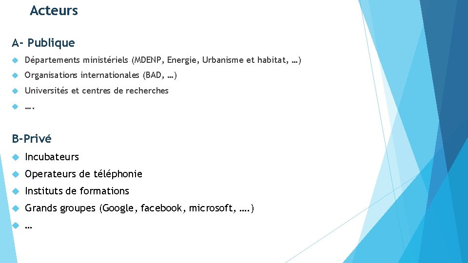 Acteurs A- Publique Départements ministériels (MDENP, Energie, Urbanisme et habitat, …) Organisations internationales (BAD,