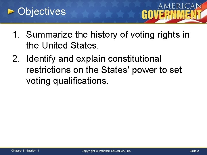 Objectives 1. Summarize the history of voting rights in the United States. 2. Identify