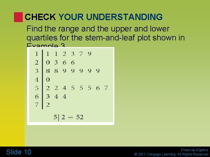 CHECK YOUR UNDERSTANDING Find the range and the upper and lower quartiles for the