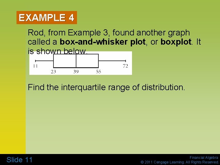 EXAMPLE 4 Rod, from Example 3, found another graph called a box-and-whisker plot, or