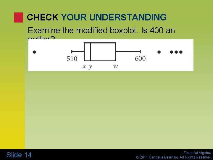 CHECK YOUR UNDERSTANDING Examine the modified boxplot. Is 400 an outlier? Slide 14 Financial