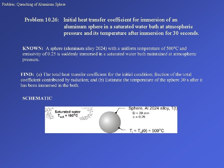 Problem: Quenching of Aluminum Sphere Problem 10. 26: Initial heat transfer coefficient for immersion