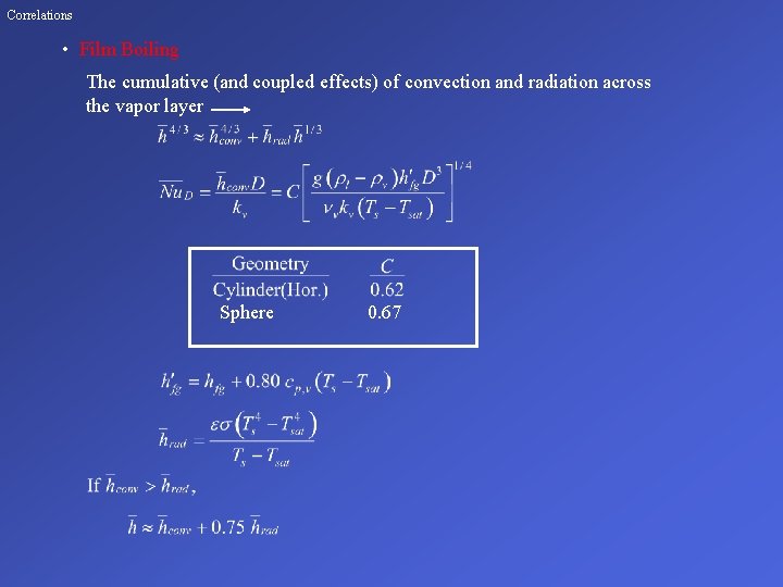 Correlations • Film Boiling The cumulative (and coupled effects) of convection and radiation across