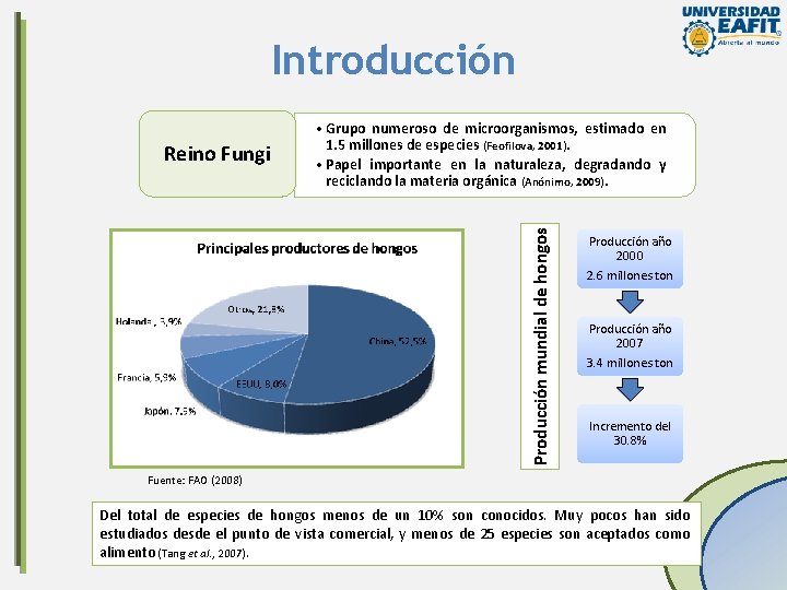 Introducción Producción mundial de hongos Reino Fungi • Grupo numeroso de microorganismos, estimado en