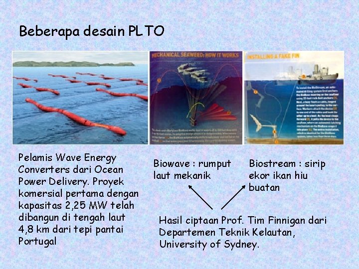 Beberapa desain PLTO Pelamis Wave Energy Converters dari Ocean Power Delivery. Proyek komersial pertama