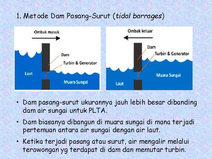 1. Metode Dam Pasang-Surut (tidal barrages) • Dam pasang-surut ukurannya jauh lebih besar dibanding