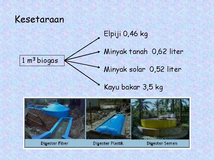 Kesetaraan Elpiji 0, 46 kg 1 m 3 biogas Minyak tanah 0, 62 liter