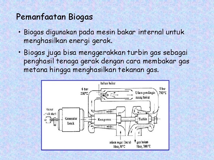 Pemanfaatan Biogas • Biogas digunakan pada mesin bakar internal untuk menghasilkan energi gerak. •