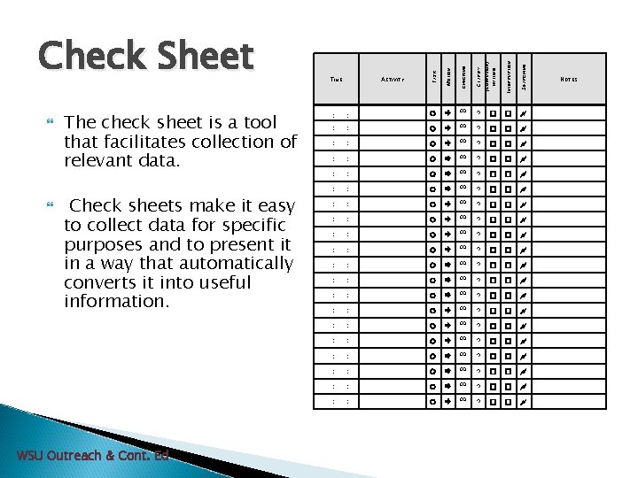 Check sheets make it easy to collect data for specific purposes and to