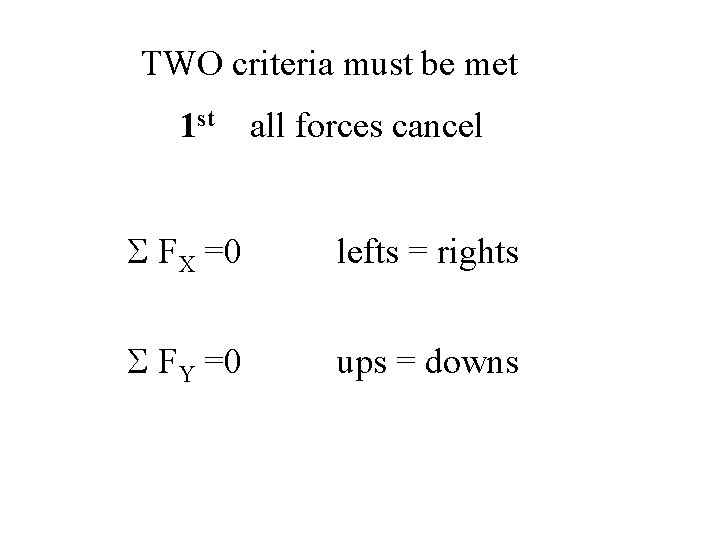 TWO criteria must be met 1 st all forces cancel S FX =0 lefts