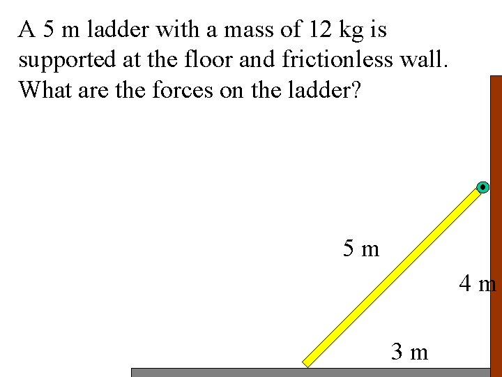 A 5 m ladder with a mass of 12 kg is supported at the