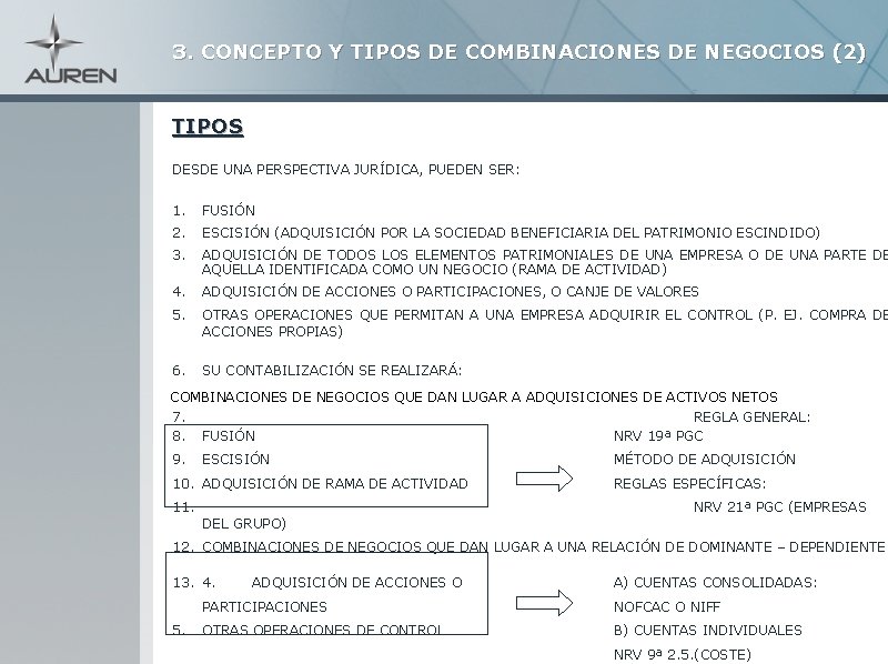 3. CONCEPTO Y TIPOS DE COMBINACIONES DE NEGOCIOS (2) TIPOS DESDE UNA PERSPECTIVA JURÍDICA,
