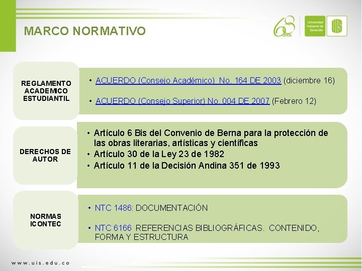 MARCO NORMATIVO REGLAMENTO ACADEMICO ESTUDIANTIL DERECHOS DE AUTOR NORMAS ICONTEC • ACUERDO (Consejo Académico)