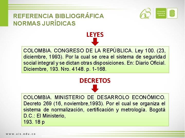 REFERENCIA BIBLIOGRÁFICA NORMAS JURÍDICAS LEYES COLOMBIA. CONGRESO DE LA REPÚBLICA. Ley 100. (23, diciembre,