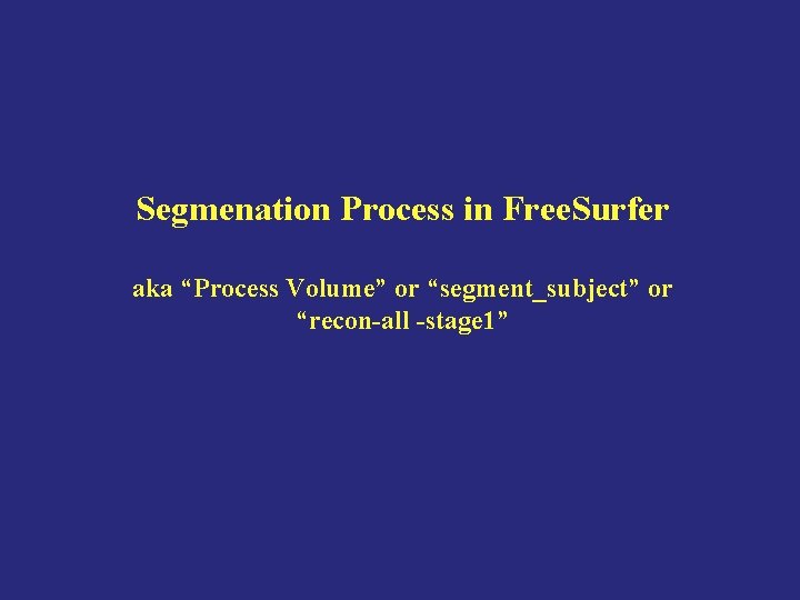 Segmenation Process in Free. Surfer aka “Process Volume” or “segment_subject” or “recon-all -stage 1”