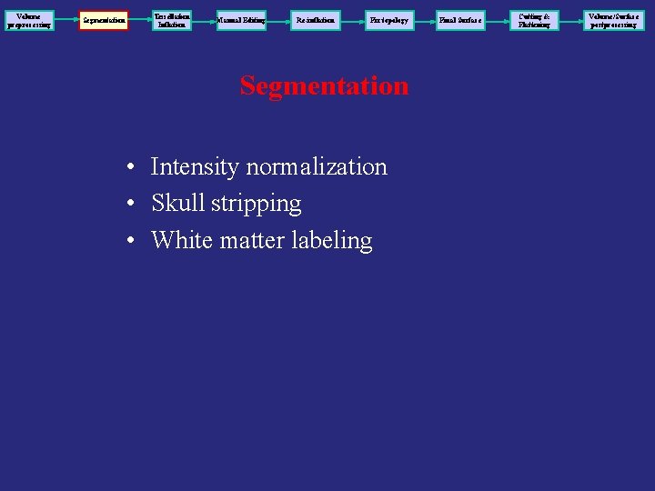 Volume preprocessing Segmentation Tessellation Inflation Manual Editing Re-inflation Fix topology Segmentation • Intensity normalization