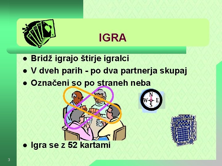 IGRA l Bridž igrajo štirje igralci V dveh parih - po dva partnerja skupaj
