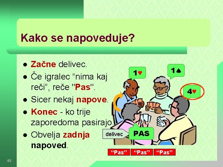 Kako se napoveduje? l l l Začne delivec. Če igralec “nima kaj reči”, reče