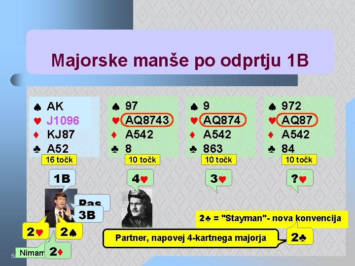 Majorske manše po odprtju 1 B ♦ ♣ AK 65 AK J 6 J