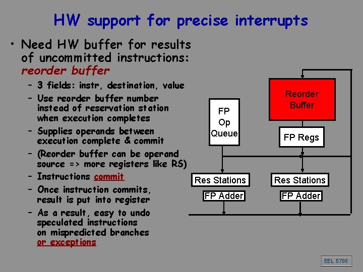 HW support for precise interrupts • Need HW buffer for results of uncommitted instructions: