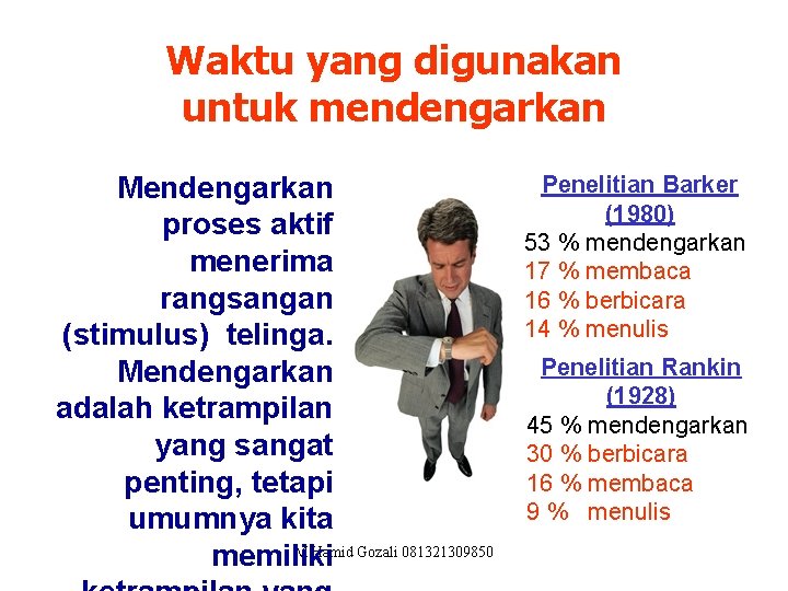 Waktu yang digunakan untuk mendengarkan Mendengarkan proses aktif menerima rangsangan (stimulus) telinga. Mendengarkan adalah