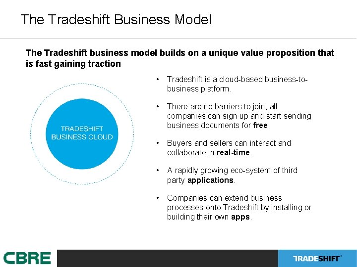 The Tradeshift Business Model The Tradeshift business model builds on a unique value proposition