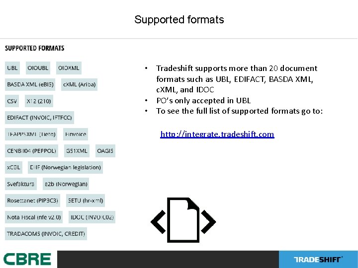 Supported formats • Tradeshift supports more than 20 document formats such as UBL, EDIFACT, Supported formats • Tradeshift supports more than 20 document formats such as UBL, EDIFACT,