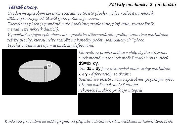 Základy mechaniky, 3. přednáška Těžiště plochy. Uvedeným způsobem lze určit souřadnice těžiště plochy, již