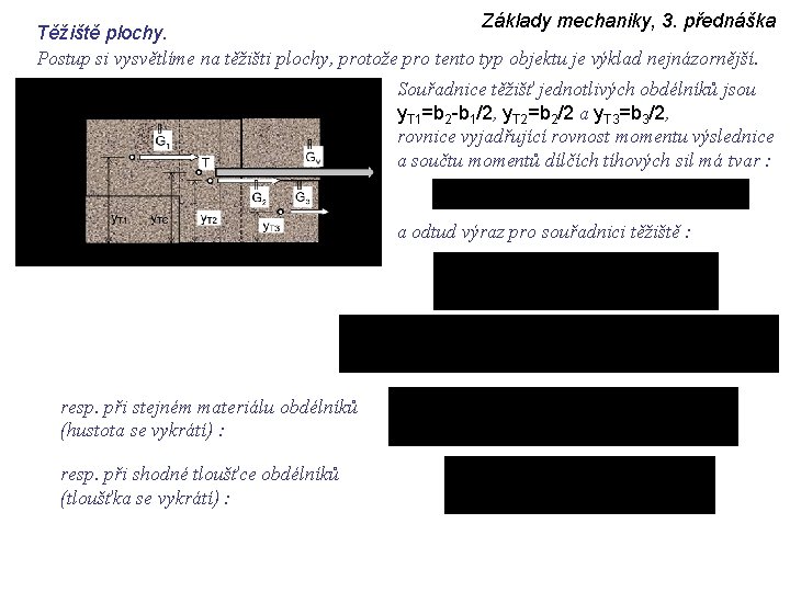 Základy mechaniky, 3. přednáška Těžiště plochy. Postup si vysvětlíme na těžišti plochy, protože pro