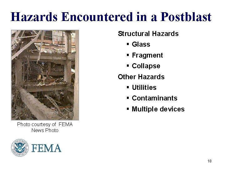 Hazards Encountered in a Postblast Structural Hazards Response § Glass § Fragment § Collapse