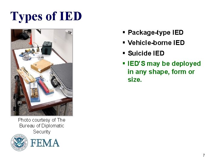 Types of IED § Package-type IED § Vehicle-borne IED § Suicide IED § IED’S