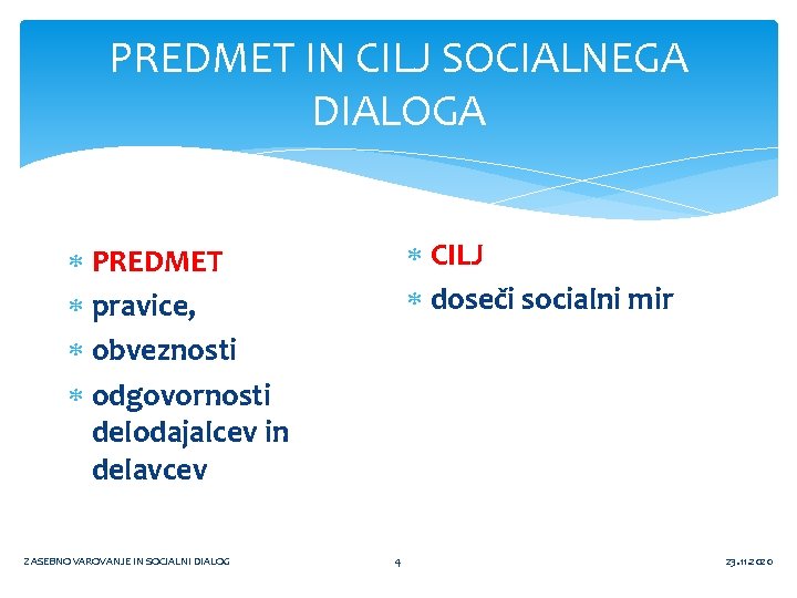 PREDMET IN CILJ SOCIALNEGA DIALOGA CILJ doseči socialni mir PREDMET pravice, obveznosti odgovornosti delodajalcev