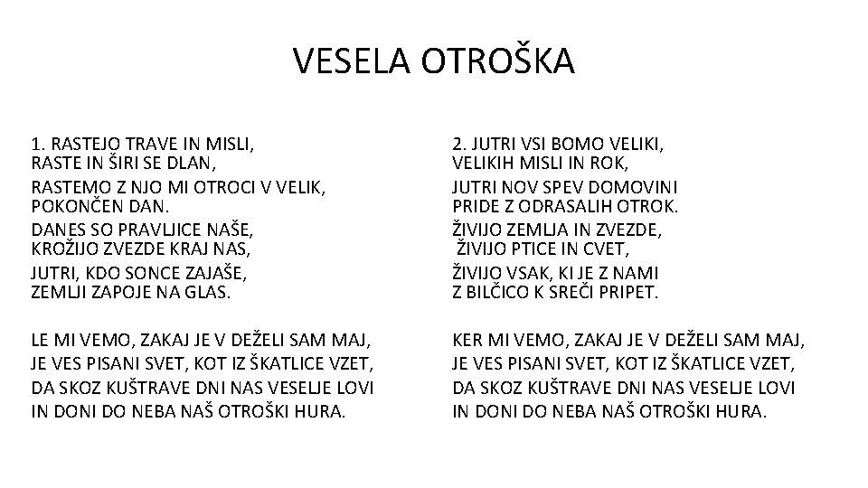 VESELA OTROŠKA 1. RASTEJO TRAVE IN MISLI, RASTE IN ŠIRI SE DLAN, RASTEMO Z