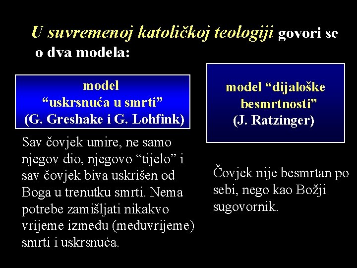 U suvremenoj katoličkoj teologiji govori se o dva modela: model “uskrsnuća u smrti” (G.