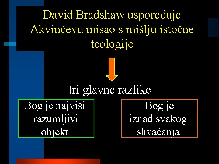 David Bradshaw uspoređuje Akvinčevu misao s mišlju istočne teologije tri glavne razlike Bog je