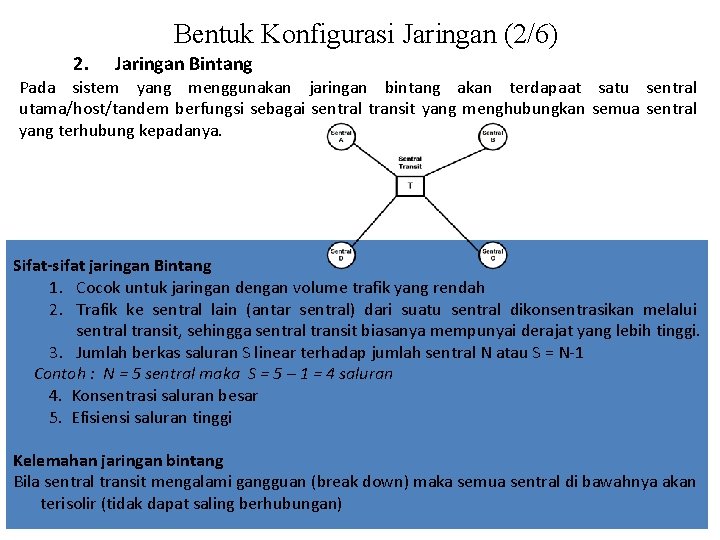 Bentuk Konfigurasi Jaringan (2/6) 2. Jaringan Bintang Pada sistem yang menggunakan jaringan bintang akan