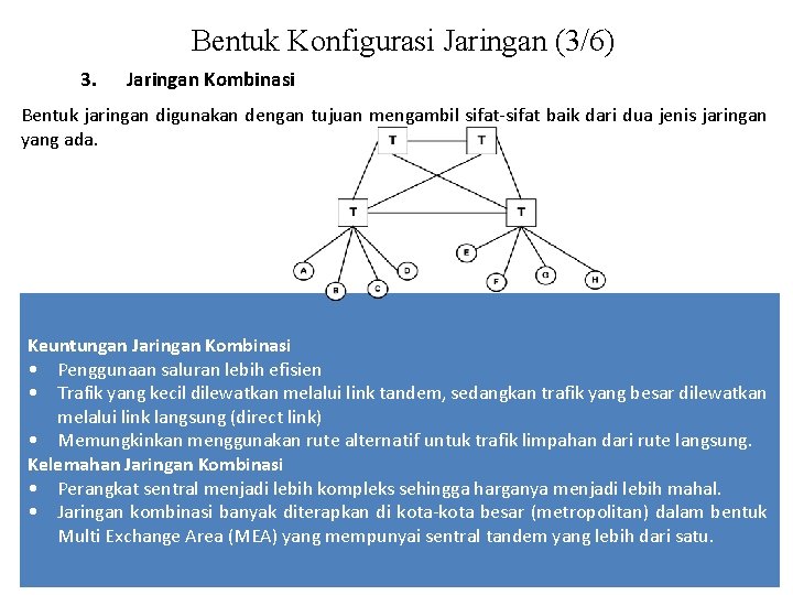 Bentuk Konfigurasi Jaringan (3/6) 3. Jaringan Kombinasi Bentuk jaringan digunakan dengan tujuan mengambil sifat-sifat
