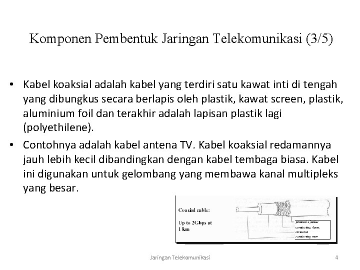 Komponen Pembentuk Jaringan Telekomunikasi (3/5) • Kabel koaksial adalah kabel yang terdiri satu kawat