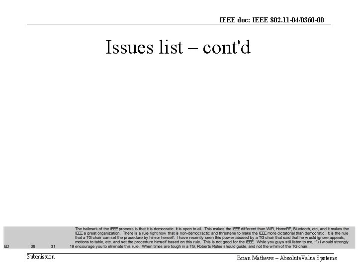 IEEE doc: IEEE 802. 11 -04/0360 -00 Issues list – cont'd Submission Brian Mathews