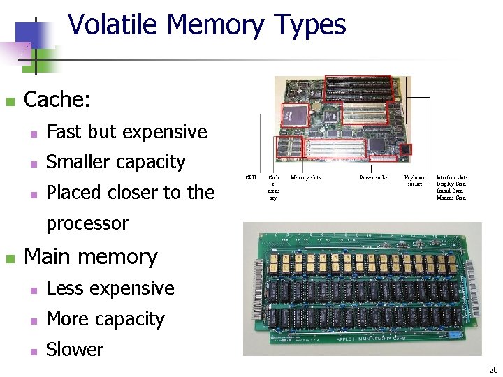 Volatile Memory Types n Cache: n Fast but expensive n Smaller capacity n Placed