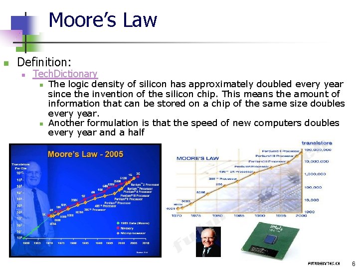 Moore’s Law n Definition: n Tech. Dictionary n n The logic density of silicon