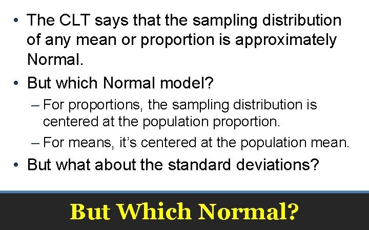  • The CLT says that the sampling distribution of any mean or proportion