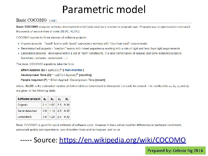 Parametric model ----- Source: https: //en. wikipedia. org/wiki/COCOMO Prepared by: Celeste Ng 2016 